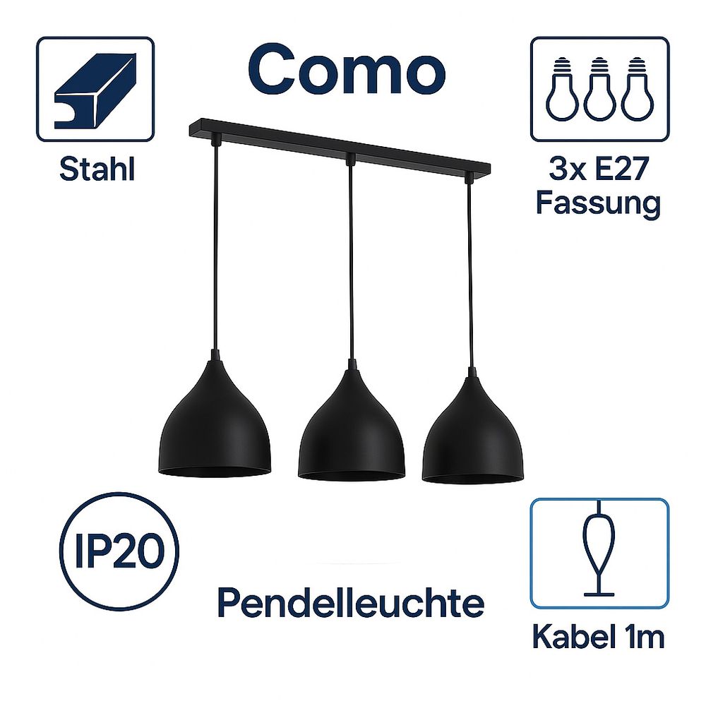 Präsentation einer dreifachen Hängelampe aus Stahl: 1m Kabel, 3x E27, IP20.