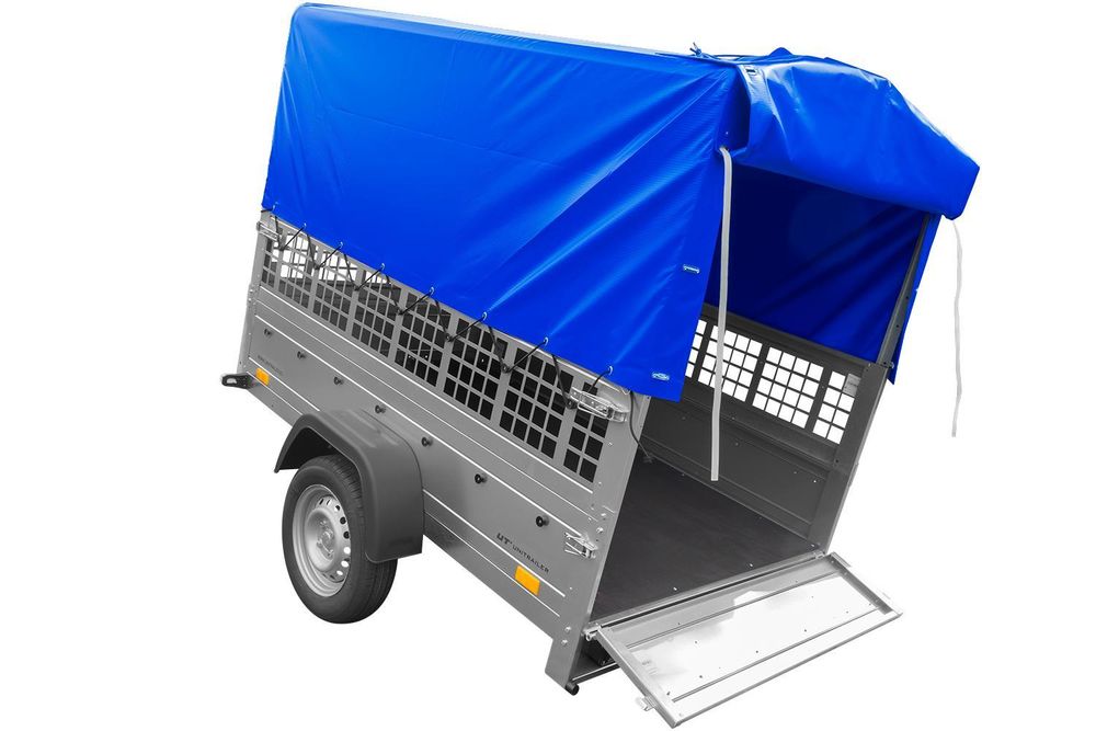 Garden Trailer 201 KIPP 200x125 tarpaulin trailer with mesh side extension, blue tarpaulin, high frame and jockey wheel