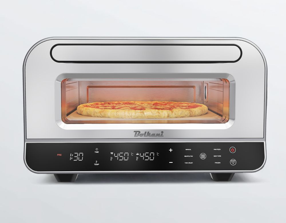 BOLKANI Elektrischer Pizzaofen mit Pizzastein & Pizzaschieber – 450°C für knusprige Steinofen-Pizza in 2 Minuten – 1700W, Timer Innenbeleuchtung.