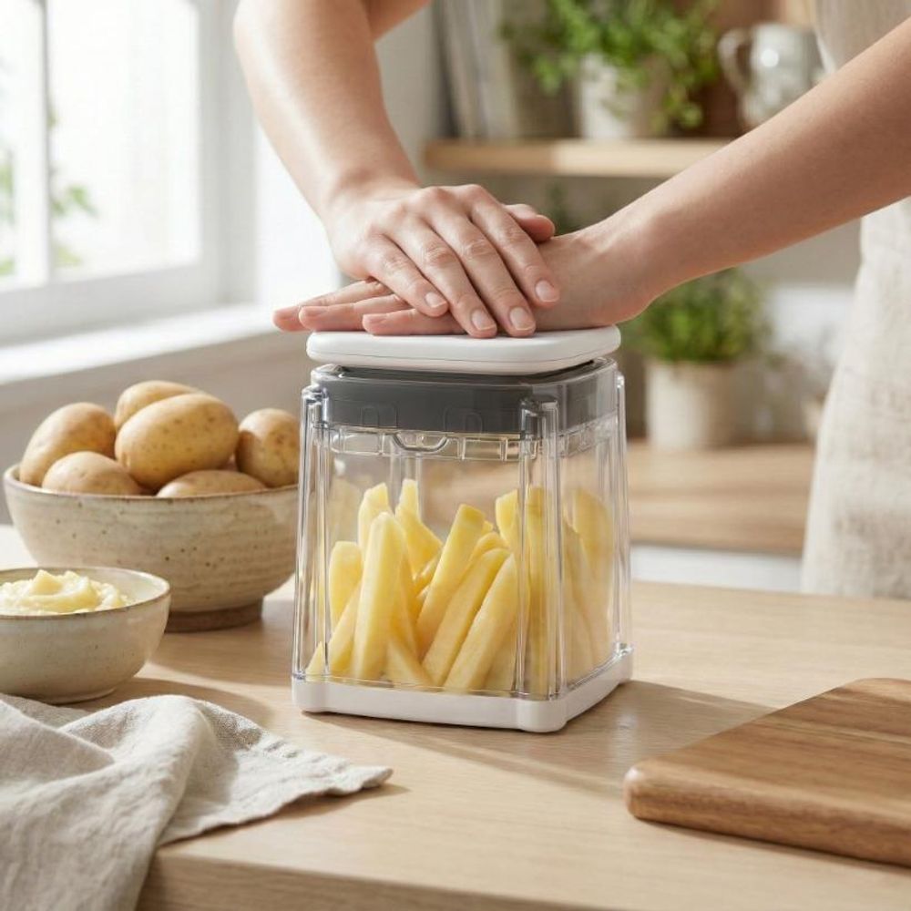 WELLHAUS Kartoffelschneider mit Behälter für Pommes frites und Boot-Kartoffeln – Set