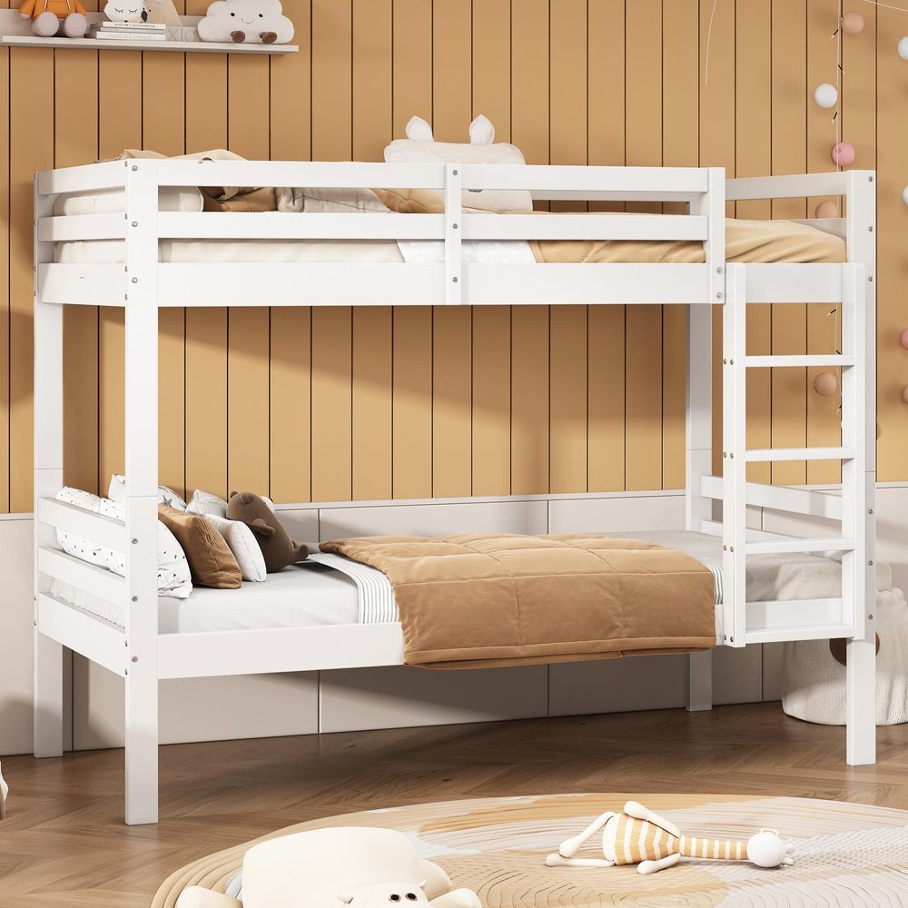 Merax Etagenbett Kinderbett 90x200 cm mit Winkelleiter und Absturzsicherung, Jugendbett teilbar in 2 Einzelbetten aus Kiefernholz, Weiß