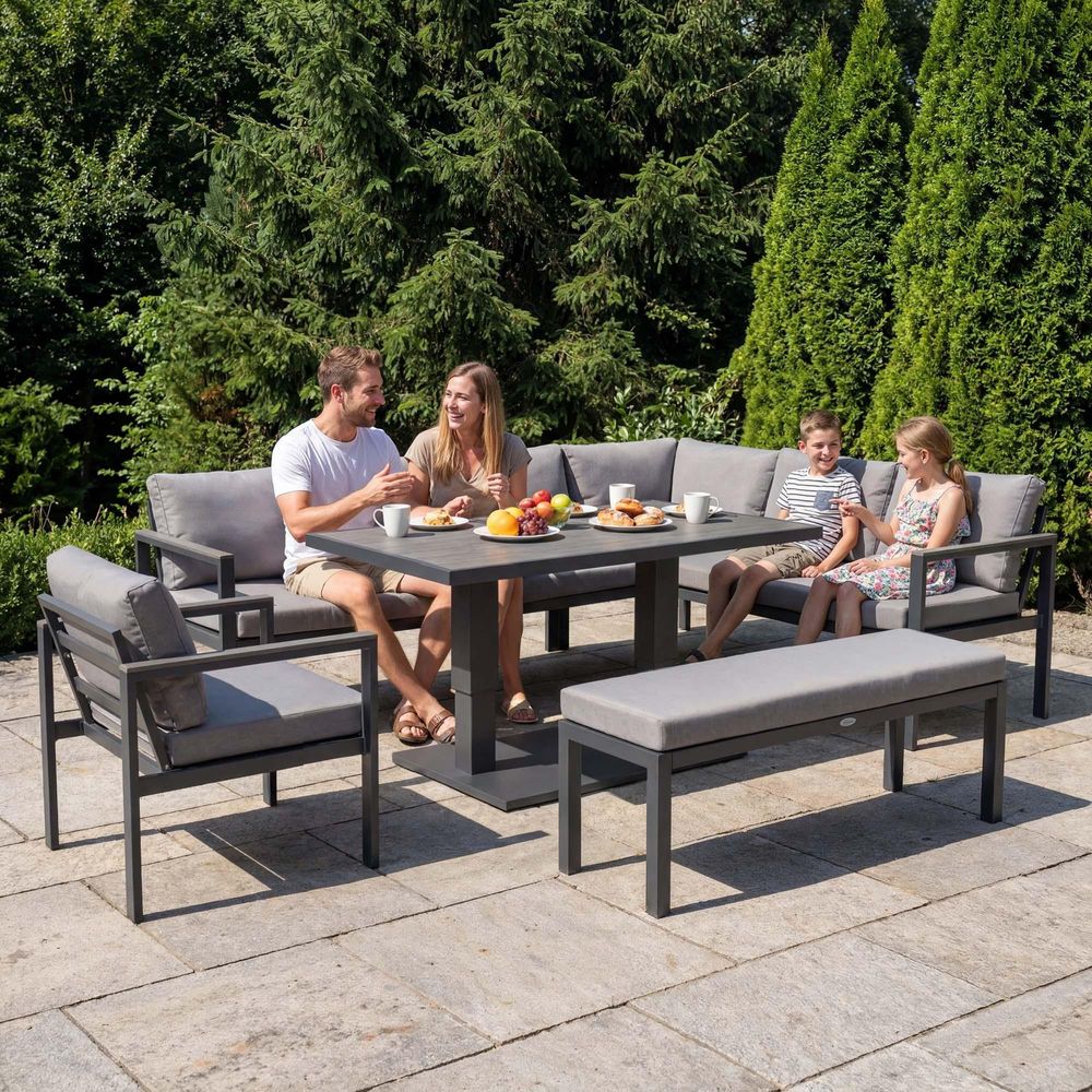 di volio Gartenmöbel Set Noli – grau, Outdoor Lounge aus Aluminium mit höhenverstellbarem Kunstholz–Tisch, wetterfest & bequem für 10 Personen
