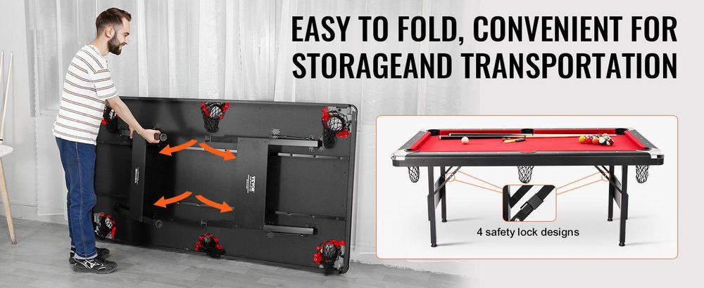 VEVOR Billardtisch, 192 cm Pooltisch, tragbarer faltbarer platzsparender Tisch, Billardtisch-Set beinhaltet Kugeln, Queues, Kreide und Bürste, schwarz mit rotem Tuch, perfekt für das Familien-Spielzimmer für Kinder und Erwachsene, 190 cm, Rot