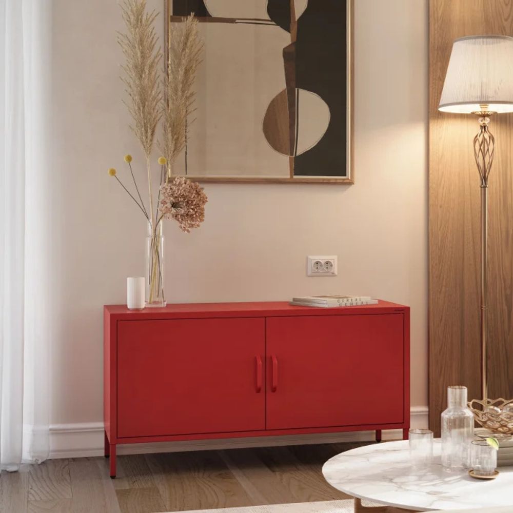 Jan Nowak Fernsehschrank ROSA TV Schrank TV Board für Wohnzimmer, Schlafzimmer Metall Fernsehtisch mit Türen und Stauraum, 115 x 59,5 x 40 cm, Rot