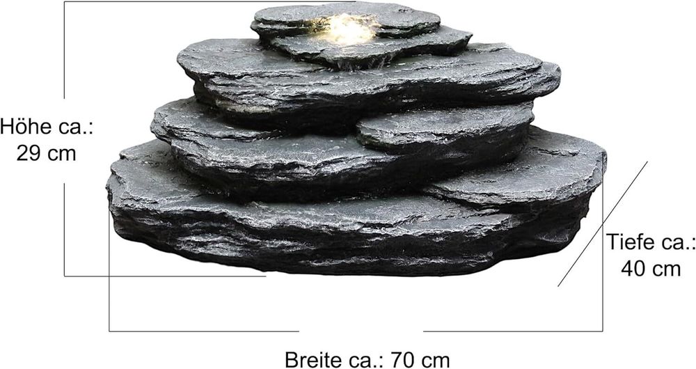 Künstlicher Quellsteinfelsen mit LED Beleuchtung OG-KQS002 Realistische Steinoptik, inkl. 2 m Schlauch – Wetterfest für Teich & Bachlauf Schiefer-Optik