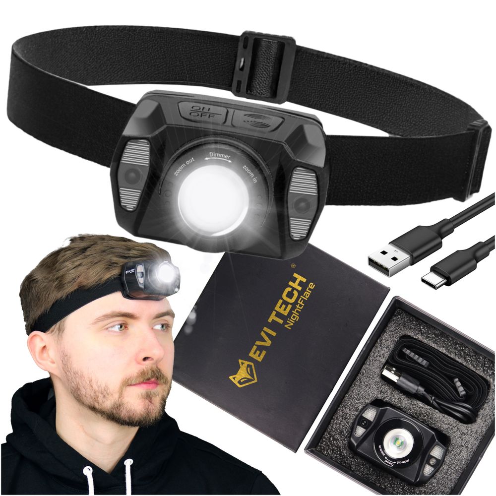 LED čelovka dobíjecí, 360 lm čelovka s ovládáním gesty a zoomem, červené světlo a vodotěsnost IPX4, 1800 mAh baterie, EVI TECH NightFlare