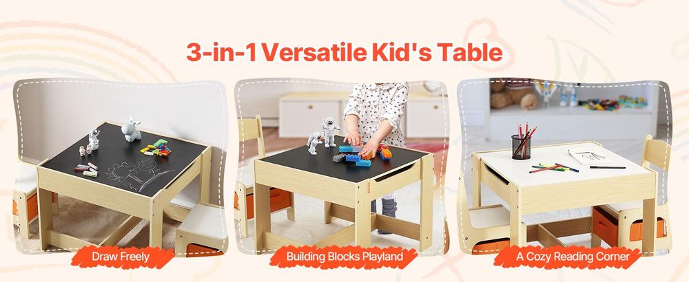 VEVOR Kinder Tisch- und Stuhlset, Holz-Aktivitätstisch mit Stauraum und Boxen, Spieltisch für Kleinkinder zum Malen, Basteln, Lesen, Lernen, Kreidetafel Tisch mit 2 Stühlen-a, Naturholzton