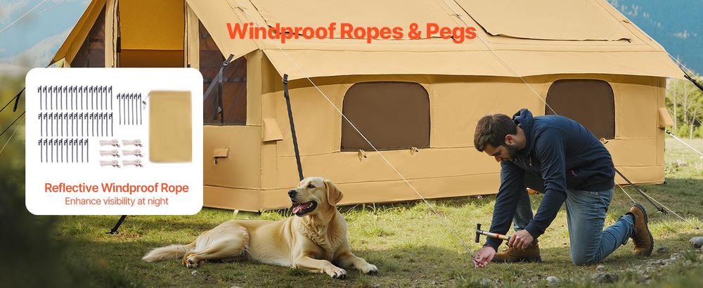 VEVOR Aufblasbares Campingzelt, 4 x 3 x 2,2 m, Luxus-Campingzelt mit 2 Oberlichtern, Baldachin, Herdanschluss, 2 Türen, Netzfenstern und Aufbewahrungstasche