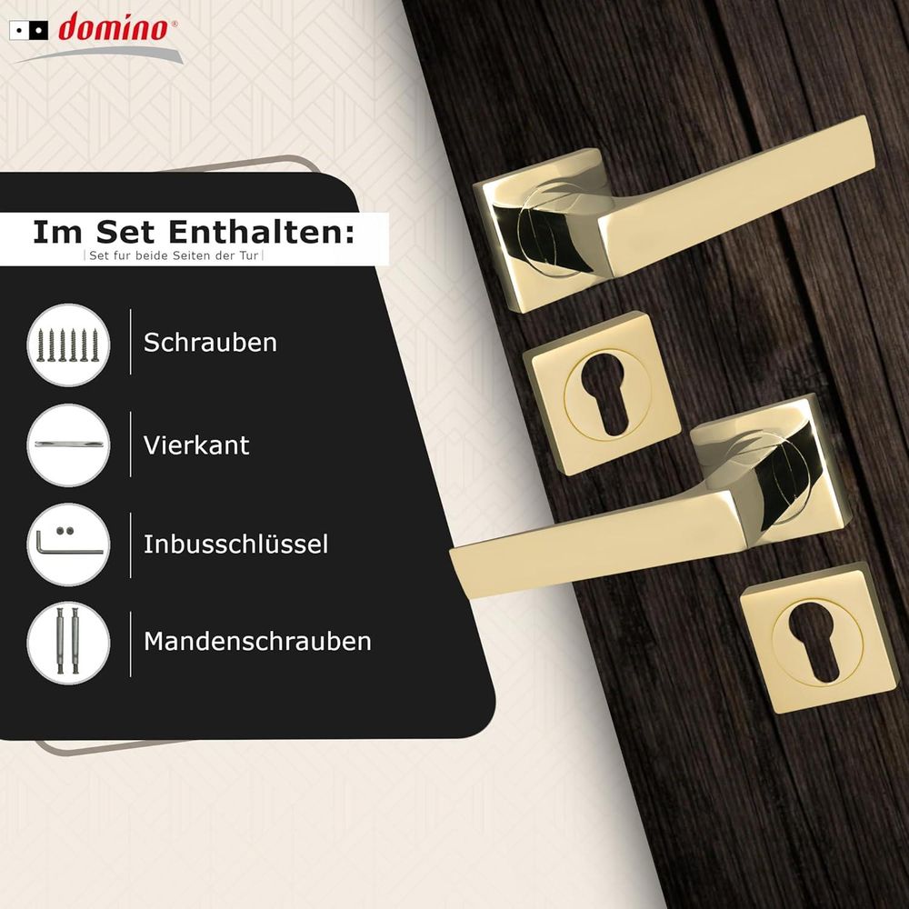 Domino Türgriff QUADRADO-QR M1 Drückergarnitur PZ Profilzylinder Set Türklinke für Zimmertür Türbeschläge aus Aluminium Messing Gold