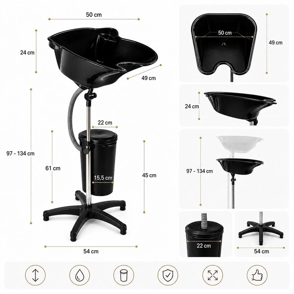 Bac à shampoing portable sur pied pour coiffure, réglable et mobile avec réservoir d'eau