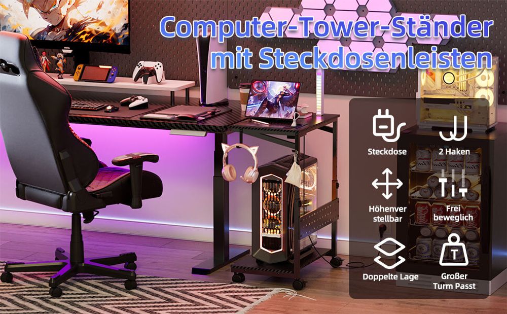 Höhenverstellbarer Computer Tower Ständer, Gehäuse CPU Halter PC Ständer mit Rollen&Ladestation, PC Wagen Drucker Cart, Laptoptisch Beistelltisch