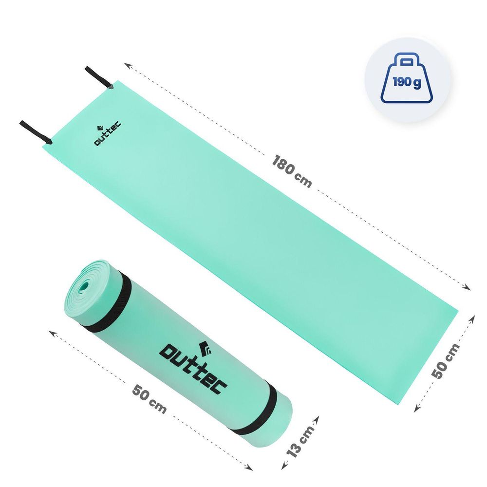 Outtec Isomatte: ausgerollt (180x50 cm, 190 g) und gerollt (50x13 cm)