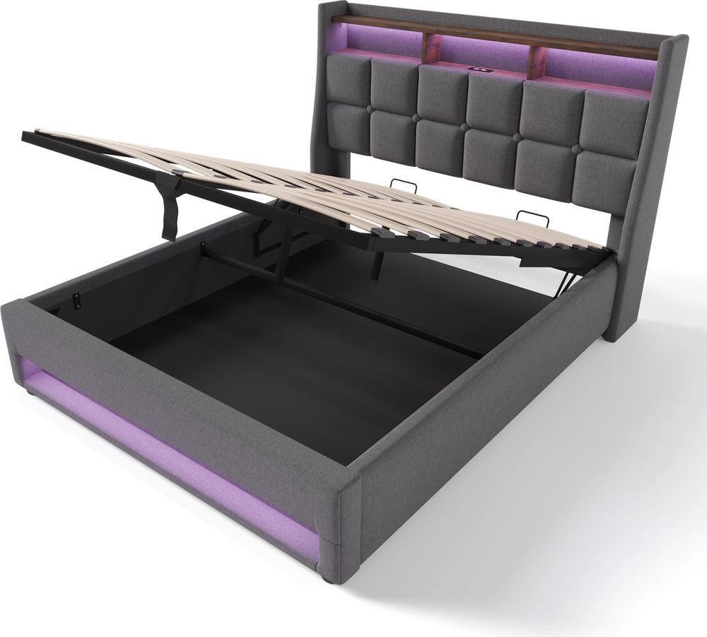 MODFU Boxspringbetten Polsterbett 140x200cm, Doppelbett Hydraulisches Bettkasten mit LED-Erleuchtung und USB(Mit Matratze),Grau