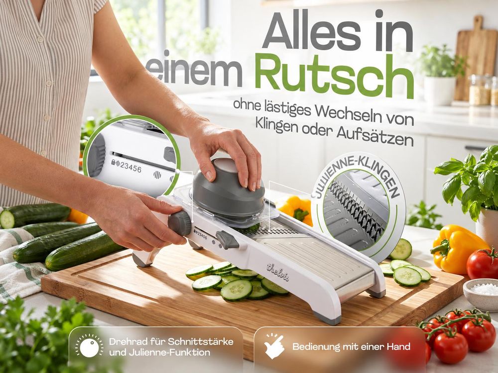 Ein Drehknopf zur Anpassung von Schnittstärke und Schnittart - ohne lästiges Wechseln von Aufsätzen