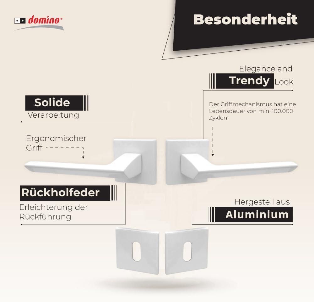 DOMINO Türgriff Drückergarnitur BB-Buntbart Set | quadratische Rosette | Türklinke für Zimmertür, Bürotür, Kellertür & Innentür | Türbeschläge aus Aluminium  |Weiss Türdrückergarnitur |ELENA QR SLIM WHITE