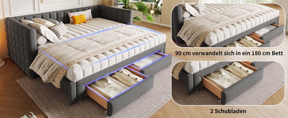 okwish Daybett, Jugendbett Kinderbett Tagesbett, Ausziehbett Sofabett 90 x 200cm,t mit quadratischer Rückenlehne,(ausziehbar auf 180 Queensize), 2 Schubladen, ohne Matratze,Grau