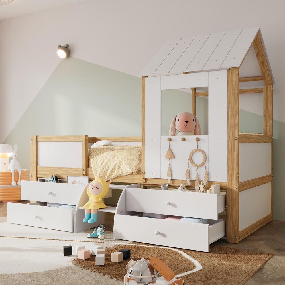Merax Kinderbett 90x200cm mit Leiter und 4 Schubladen, Hochbett mit Rausfallschutz, Dach und Fenster, Kieferholzbett Jugendbett Kinderhaus Weiß/Natur