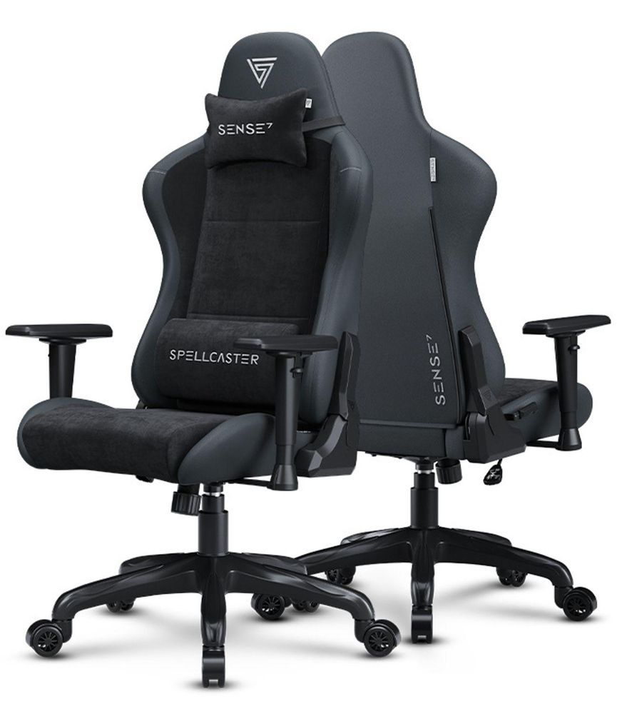 SENSE7 Spellcaster FUKU XL Krzesło gamingowe Alcantara Czarne – Ergonomiczne krzesło biurowe dla osób o większej posturze, nośność 160 kg, pianka zimna, szerokie siedzisko