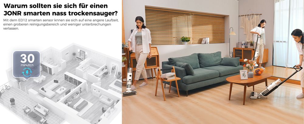 JONR ED12 Nass Trockensauger, 800mL Wassertank, 35-Minuten, Kantenreinigungsbürste, automatische Reinigungsfunktion für Hartböden