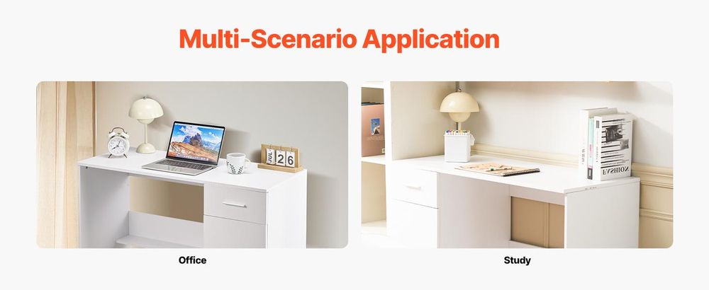 VEVOR Kleiner Schreibtisch mit Schublade, Kinderschreibtisch für das Schlafzimmer, Holz einfacher Studiertisch zum Zeichnen, Lesen, Schreiben, rechteckiger MDF-Studienlagertisch mit verstellbarem Regal für Zuhause, Büro, Weiß, Weiß (Seitenregal)
