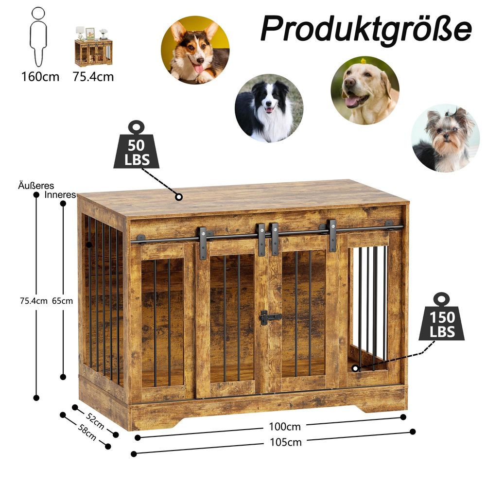 Hundekäfig Tierkäfig mit Schiebetür, Hundebox Hundehaus mit Tischoberfläche Transportbox Drahtkäfig, Hundekiste Beistelltisch, 105x75.4x58cm