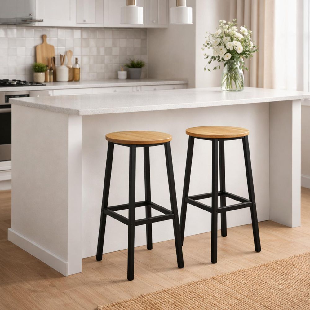 BEGRYF Barhocker 2er Set 65 cm Eichefarben, Sitz Ø30 cm, schwarzes Metallgestell, Küchenhocker Industrial