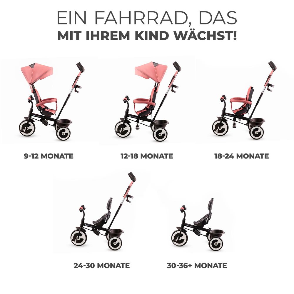 Kinderkraft ASTON - Dreirad - drehbarer Sitz - große unzerstörbare Räder - klappbar - Sicherheitsgurte - verstellbarer Elterngriff - Zubehör - Rosa