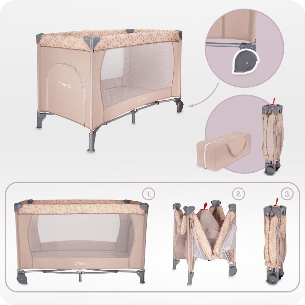 MoMi BELOVE – Reisebett mit Klappfunktion, Sicherheitsverriegelung, Seiteneingang, Tasche – Beige