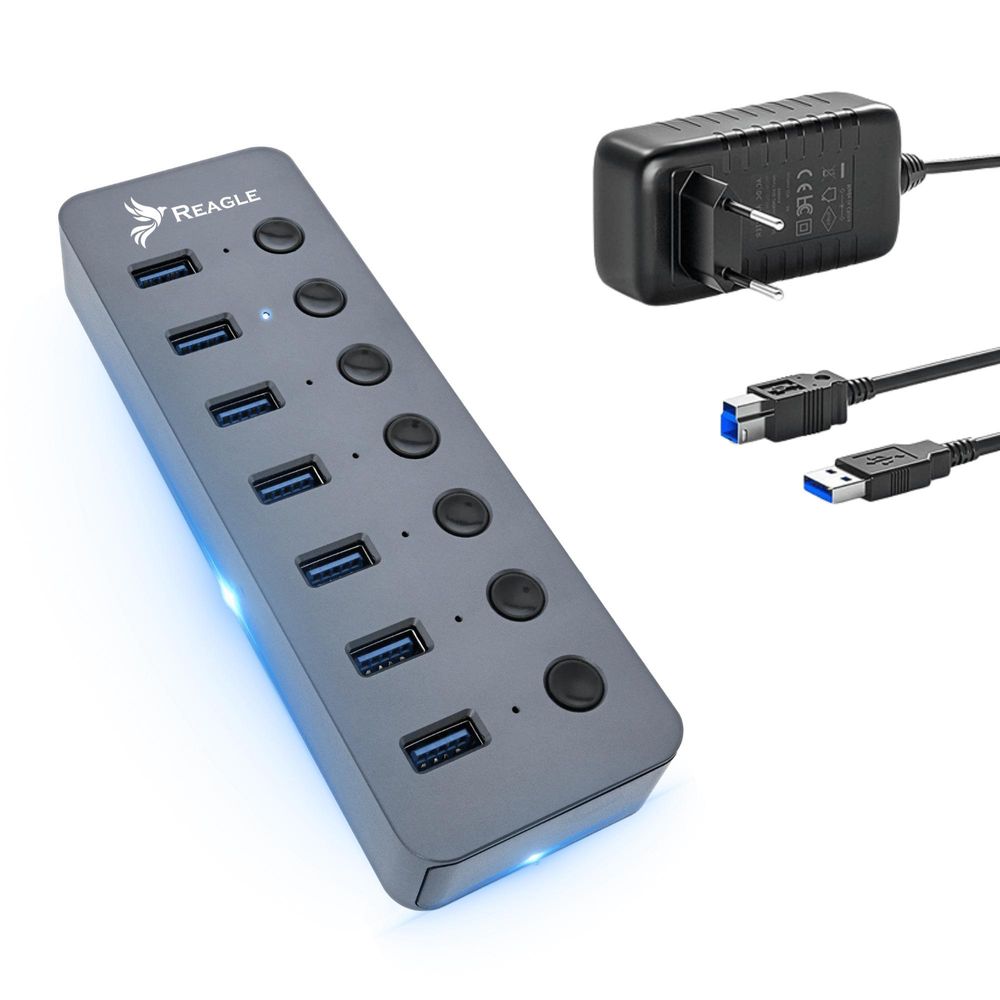 USB 3.0 Hub Aktiv 7 Port Reagle USB A Multiport Adapter mit Netzteil 24W Einzeln Schaltbar Ein Aus Schalter Datenhub für Laptop PC Silber