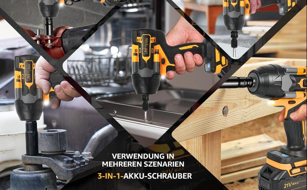LifeImpree Akku-Schlagschrauber 1000 Nm, Bürstenlos, 3-Gang & AutoStop, inkl. Doppelakku, LED-Anzeige und Transportbox, Gelb