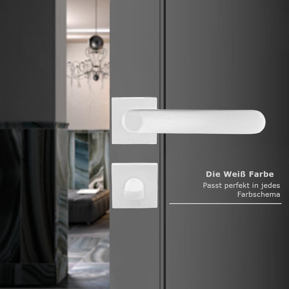 DOMINO Türgriff Drückergarnitur WC - Badezimmer Set | quadratische Rosette | für Badezimmertüren | Set WC - Rosetten-Garnitur | Türbeschläge aus Aluminium  |Weiß Türdrückergarnitur | DENVER-QR SLIM WHITE