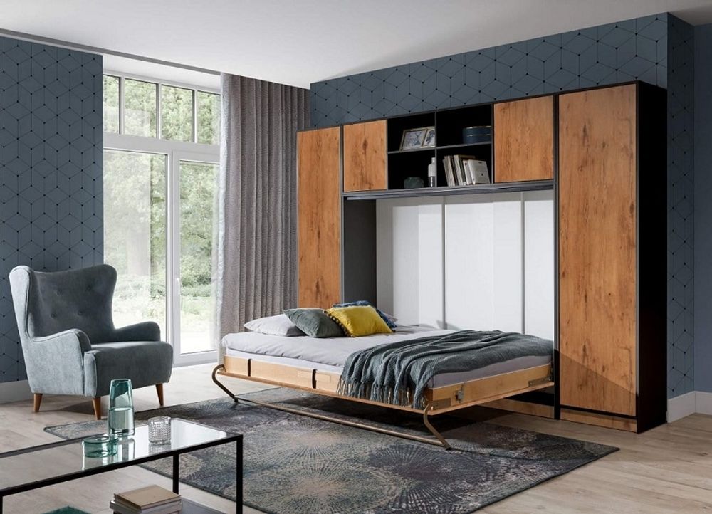 Schrankbett horizontal HB 140x200 mit Aufsatz und 2 Schränken weiß