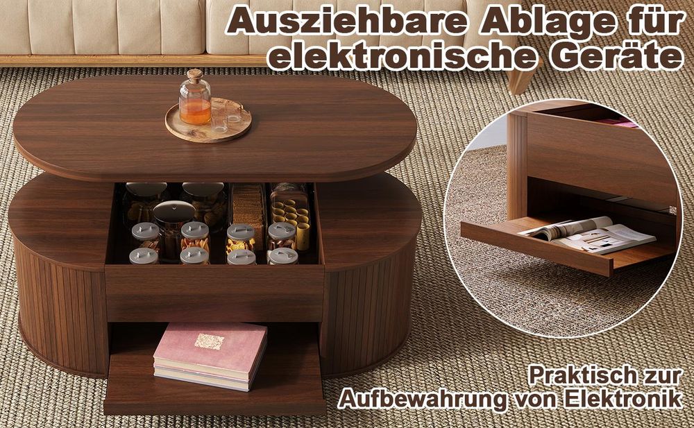 okwish Couchtisch mit anhebbarer Tischplatte, ausziehbarem Regal und gebogenen Holzseiten, Wohnzimmertisch, Beistelltisch, multifunktional, Walnuss