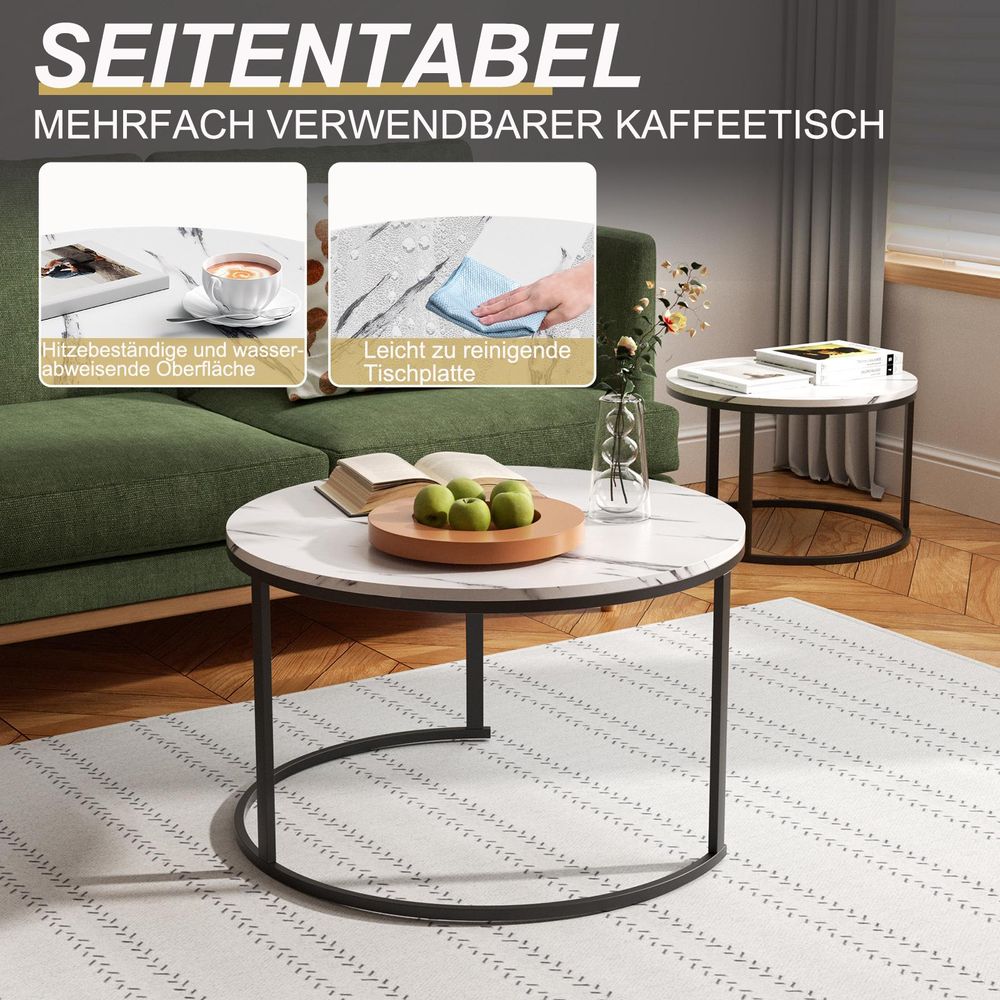 Couchtisch 2er Set mit Metallgestell Ø(80+60)cm Rund Kaffeetisch Wohnzimmertisch Kaffeetisch Sofatisch Beistelltisch Satztisch, Schwarz