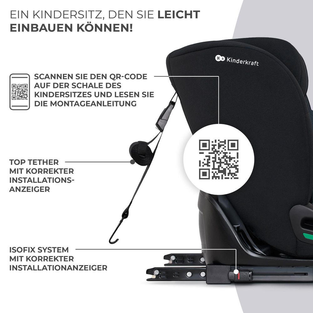 Kinderkraft ONETO3 i-Size Kindersitz 76-150 cm - ISOFIX & TOP TETHER - 3-lagige Kopfstütze - RECLINING-Funktion - ab 15 Monate bis 12 Jahre - Schwarz