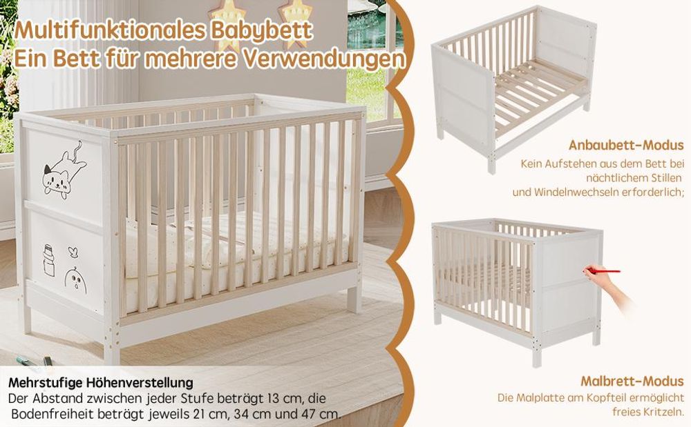 Merax Babybett 120 x 60 cm, Massivholz Kinderbett, 3-fach höhenverstellbar, umwandelbar zum Beistellbett/Kindercouch, bemalbare Tafeln, Natur + Weiß