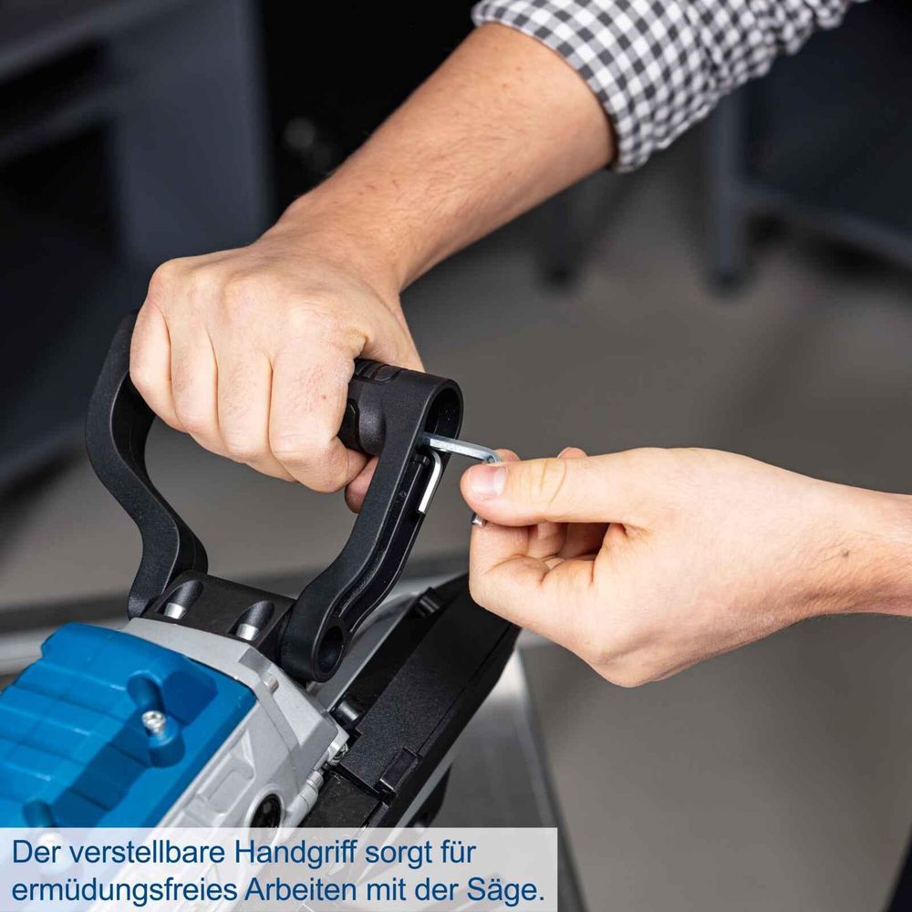 Das Bild zeigt den Handgriff der Metallbandsäge von Scheppach.