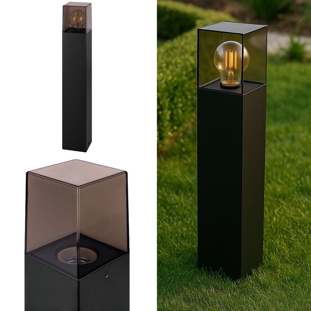 Moderne Außenleuchte in Schwarz mit klarem Glasgehäuse und sichtbarer LED-Filamentlampe.