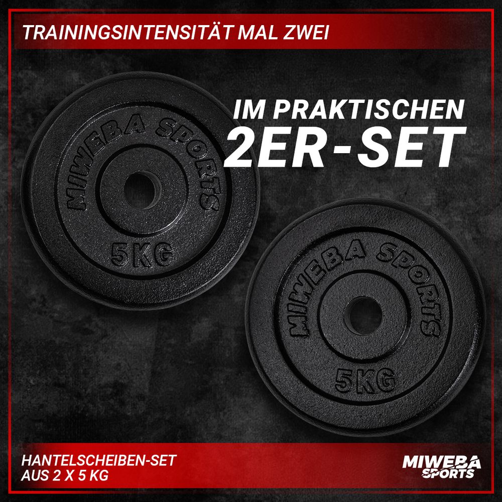 Miweba Sports Hantelscheiben Set | Gusseisen - Hantelgewichte - Gewichtsscheiben - Fitness Scheiben - Gewichte für Hantel - Ø30mm - Schwarz - 2x5 kg