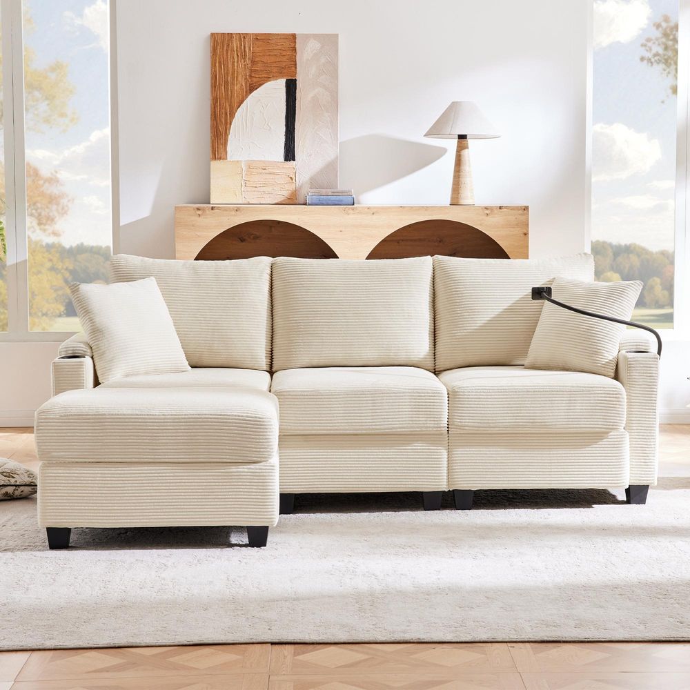 Merax Ecksofa, mit Schlaffunktion, L-Form 3-Sitzer-Sofa mit Fußhocker, Getränkehalter, USB, Type C, Armlehnenablage, Couch, Bettsofa, Cord, Beige