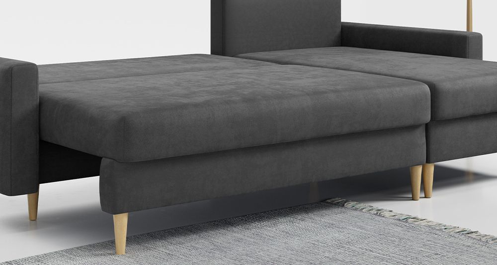 Grau Ecksofa aus weichem cord-Stoff. Foto zeigt Schlaffunktion