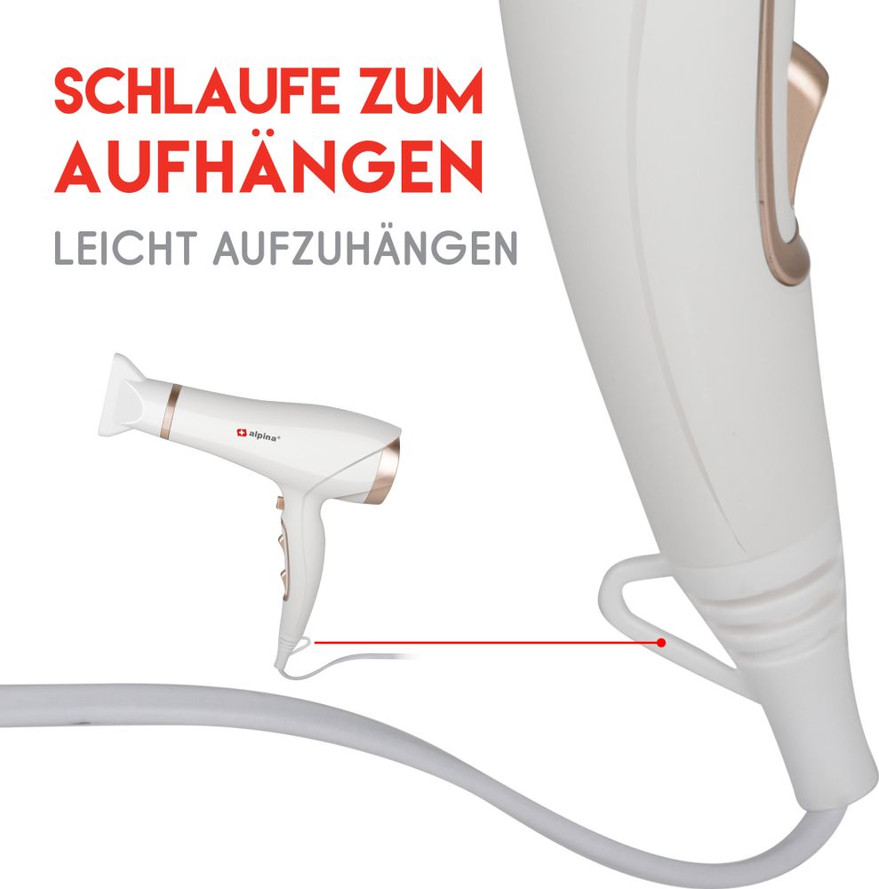 alpina Haartrockner Föhn - Hair Dryer 1900-2300 Watt - Haarföhn mit 3 Heizstufen - Haarfön mit Coolshot - Weiß/Rosé