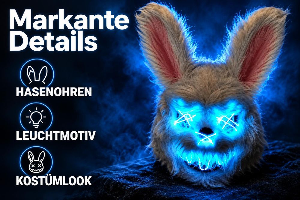 Detailansicht von Hasenohren, Felloptik und blauem Leuchtmotiv