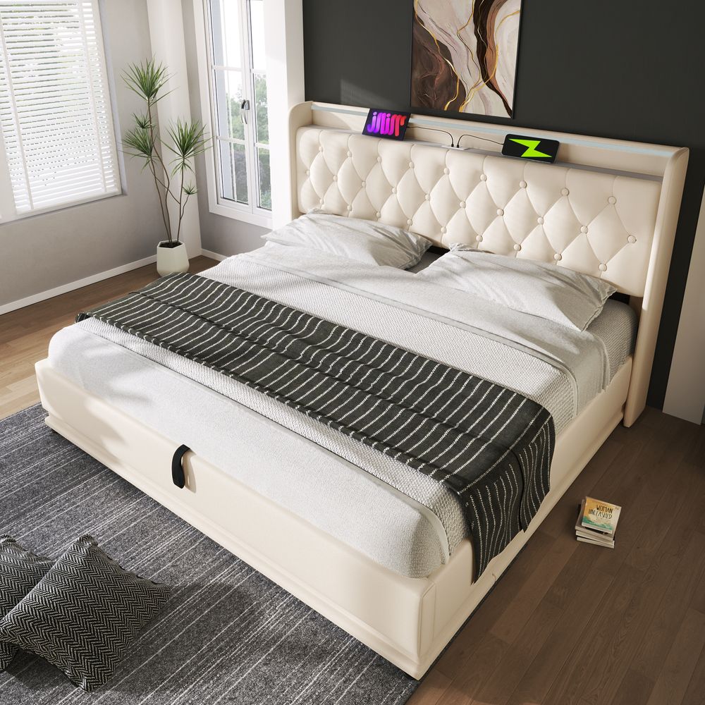 Flieks Polsterbett 180x200cm mit Ladefunktion (USB&Typ-c), Jugendbett Doppelbett Stauraumbett mit LED, Hydraulisches Boxspringbett, PU, Weiß