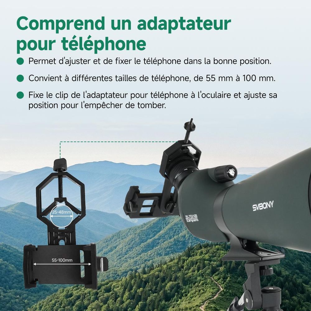 Svbony SV28 25-75x100mm Longue Vue avec Trépied, H-K9L Porro Prisma FMC, Image Claire et Lumineuse, pour l'observation des oiseaux, le tir à la cible