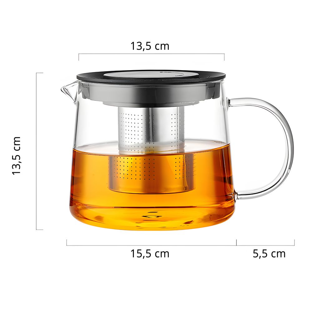 Glas Teekanne 1,50 l 1500 ml mit Edelstahlsieb Glaskanne Teebereiter Siebeinsatz Hitzebeständige Ergonomisch Tee Saft BPA-frei Schwarz Retoo
