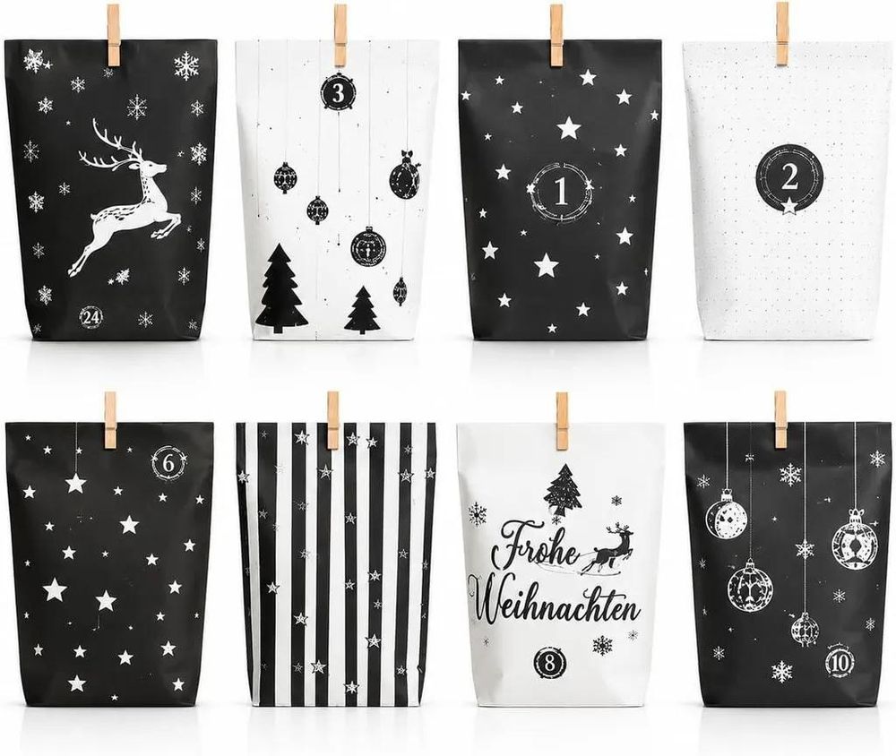 Papiertüten in Schwarz-Weiß mit Weihnachtsmotiven, Zahlen und Holzklammern