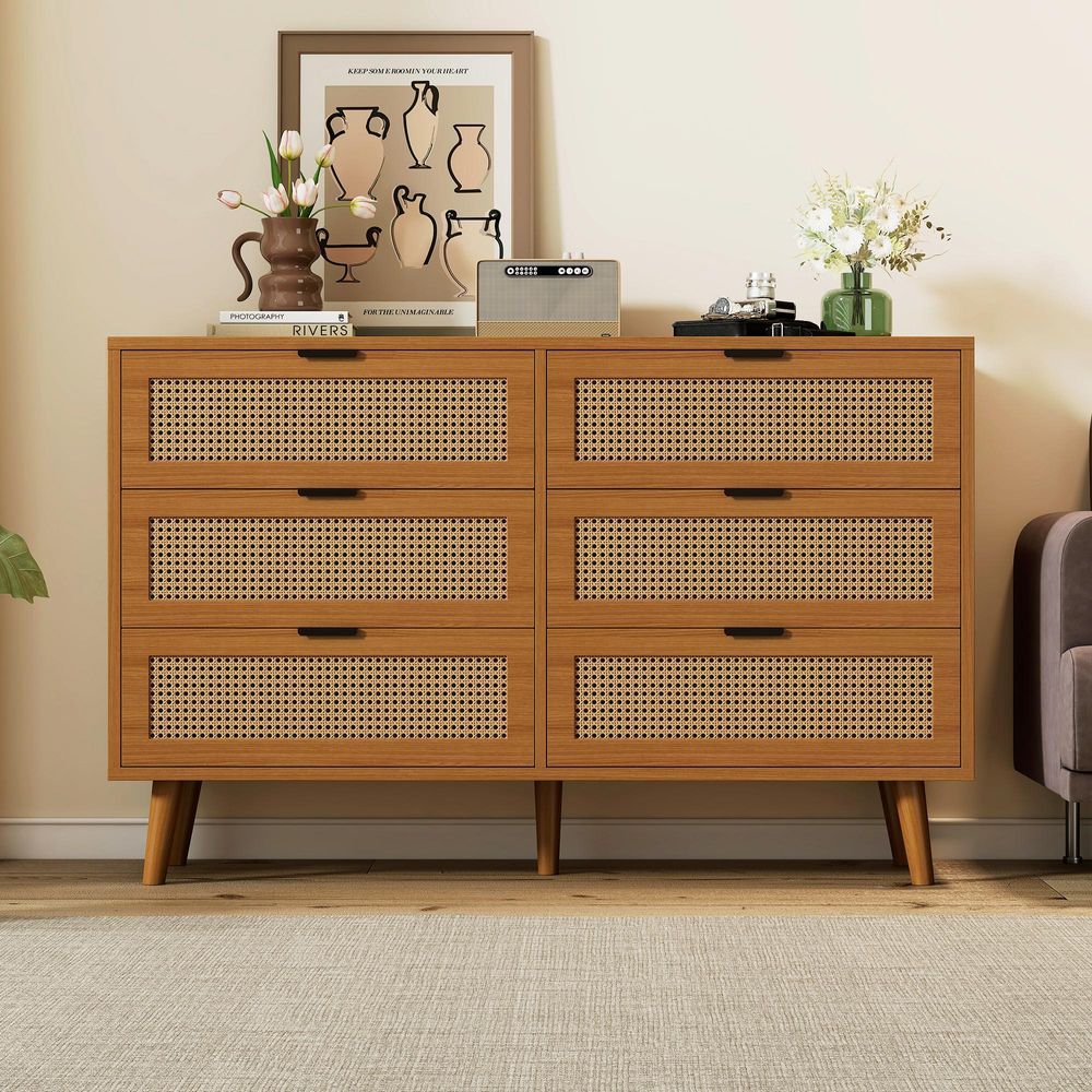 Merax Kommode Sideboard mit 6 Schubladen und Massivholzbeine, Sideboard Rattan geflecht, Schubkastenkommode Holz Wohnzimmerschränke 120x40x76.5cm