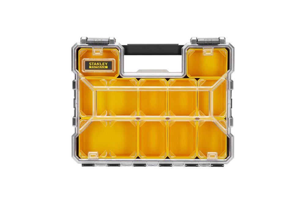 Stanley Profi-Organizer FatMax tiefe Fächer Metallschließen wasserdicht, Kasten für Kleinteile, Kunststoff, Schwarz, Transparent, Gelb, Scharnier, 446 mm, 357 mm