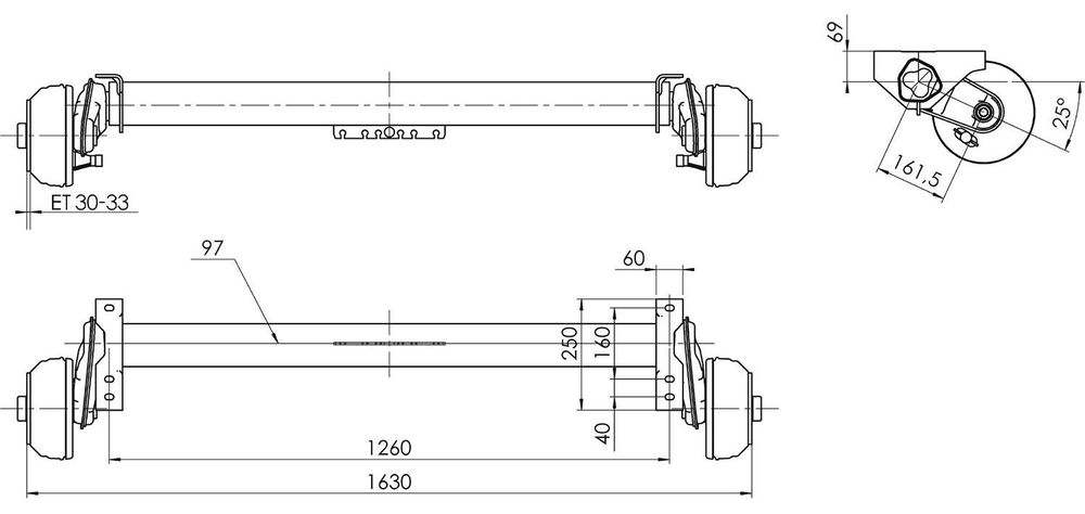 AL-KO Gebremste Achse 1350 kg 1260 mm für schwere Anhänger und Autotransporter